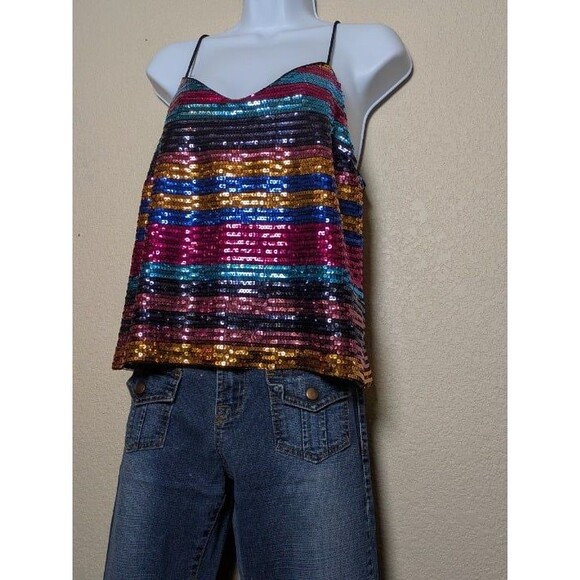 WAYF Rainbow Striped Sequin Cami Tank Top Size Large Festival Rave Party Y2K - Picture 8 of 10
